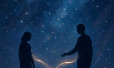 a silhouette of a man and a woman standing in front of a starry sky