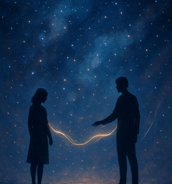 a silhouette of a man and a woman standing in front of a starry sky