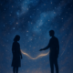 a silhouette of a man and a woman standing in front of a starry sky