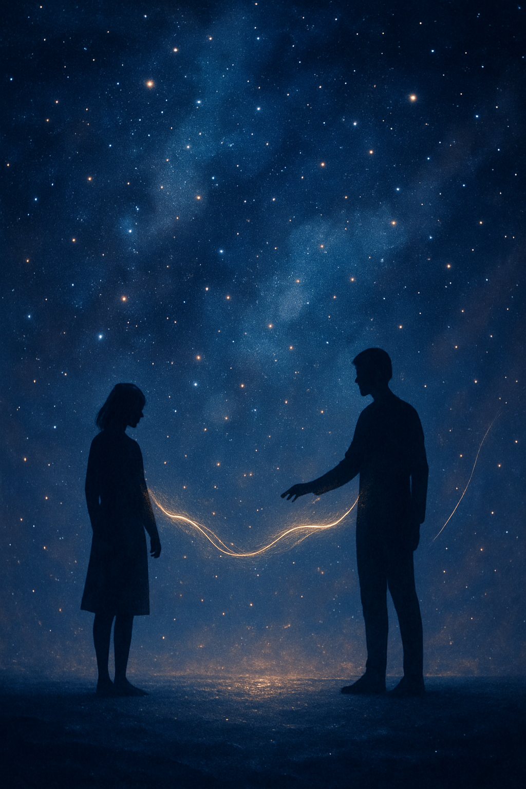 a silhouette of a man and a woman standing in front of a starry sky