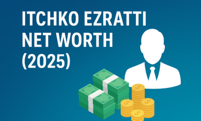 Illustration showing the text “Itchko Ezratti Net Worth (2025)” with money stacks, gold coins, and a silhouette of a businessman on a blue background.