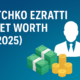 Illustration showing the text “Itchko Ezratti Net Worth (2025)” with money stacks, gold coins, and a silhouette of a businessman on a blue background.