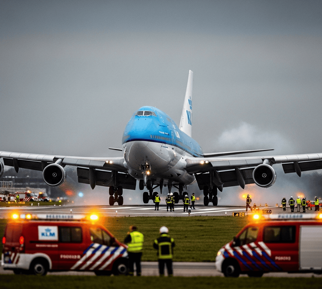 A large blue and white airplane on the runway.