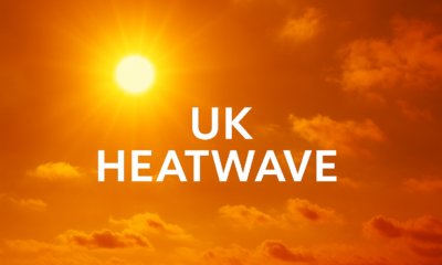 Bright sun during UK heatwave with orange sky and UK HEATWAVE text overlay