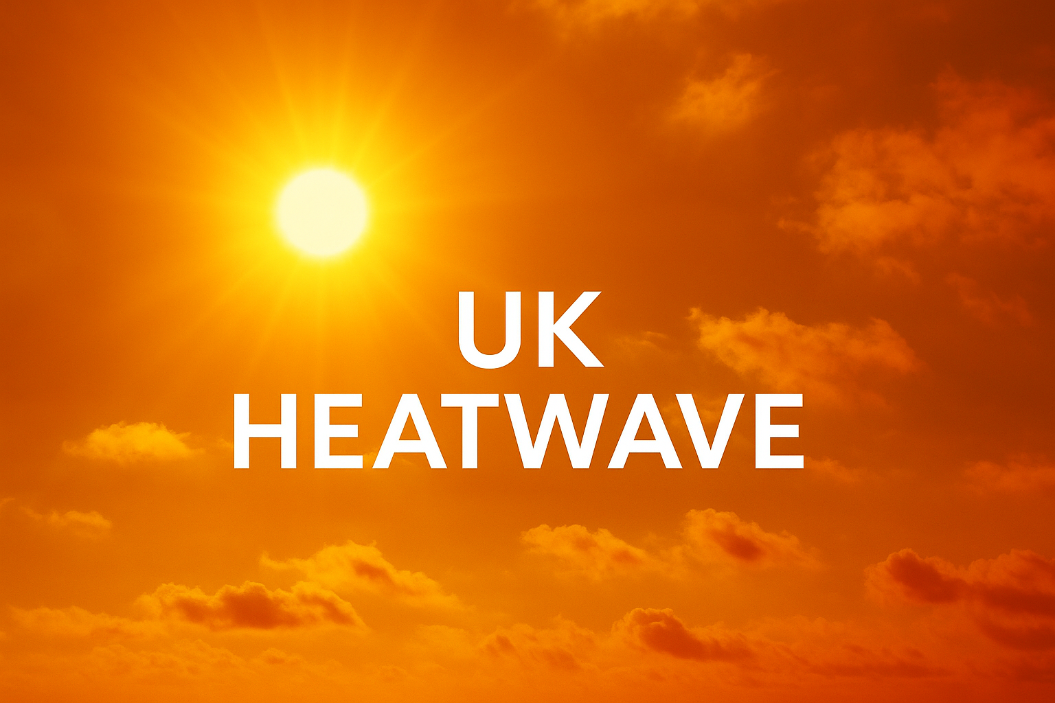 Bright sun during UK heatwave with orange sky and UK HEATWAVE text overlay