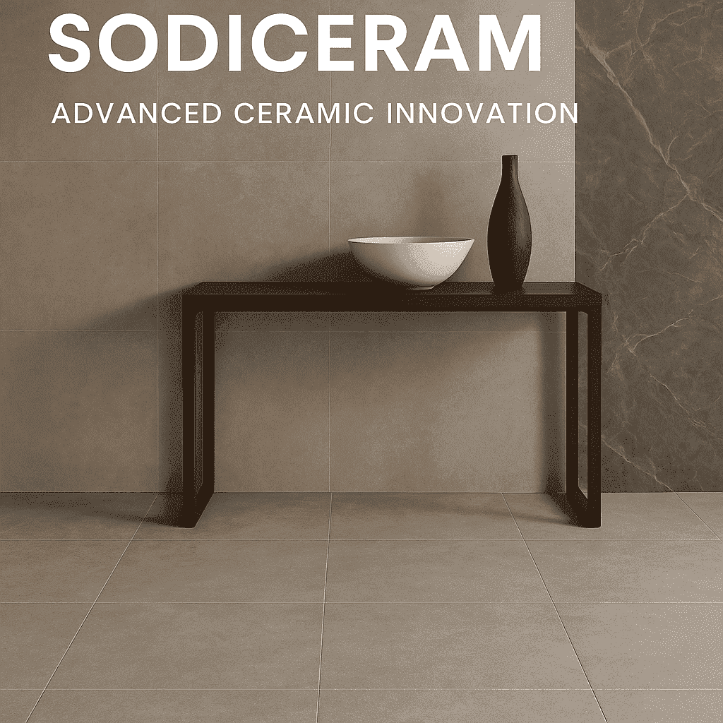 Modern ceramic tile display in a stylish interior featuring Sodiceram products including beige wall tiles, light grey floor tiles, and a dark marble-patterned feature wall, with a minimalist wooden console and decorative objects.