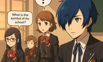 Anime-style illustration of Persona 3 Reload characters sitting in a classroom with one student asking a quiz question, used to represent in-game answer guides.