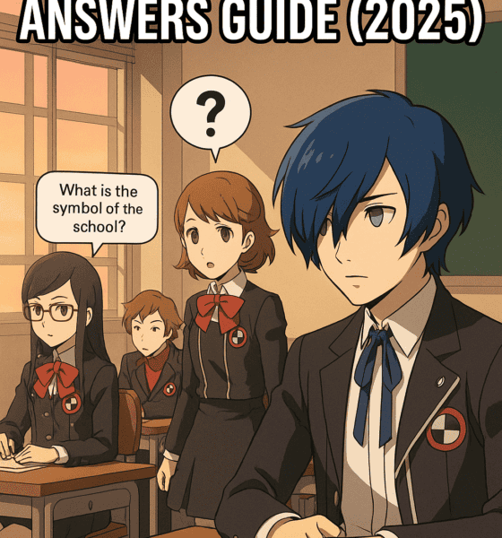 Anime-style illustration of Persona 3 Reload characters sitting in a classroom with one student asking a quiz question, used to represent in-game answer guides.