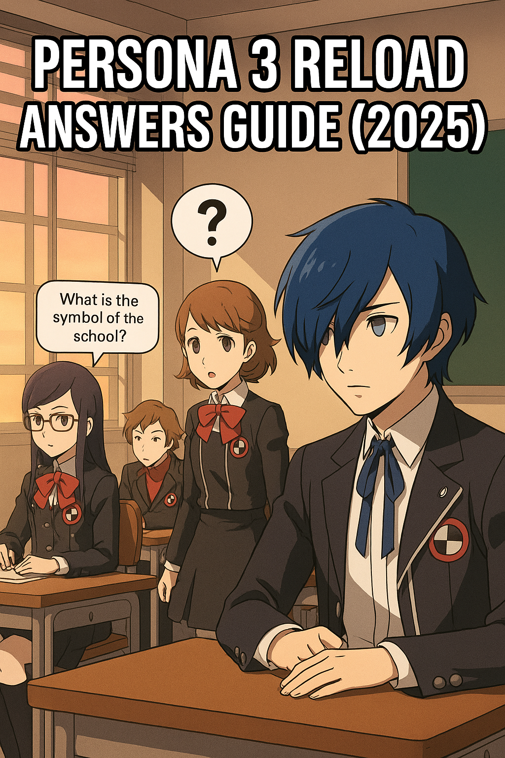 Anime-style illustration of Persona 3 Reload characters sitting in a classroom with one student asking a quiz question, used to represent in-game answer guides.