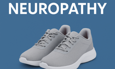 A pair of modern grey orthopedic sneakers on a blue background with the text “Best Shoes for Neuropathy – 2025 Edition