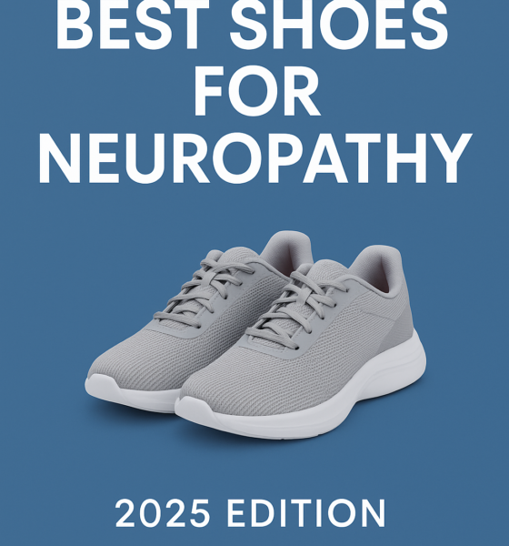 A pair of modern grey orthopedic sneakers on a blue background with the text “Best Shoes for Neuropathy – 2025 Edition