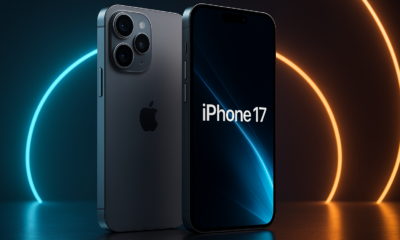 D render of iPhone 17 front and back with futuristic glowing background on a reflective surface