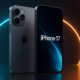 D render of iPhone 17 front and back with futuristic glowing background on a reflective surface