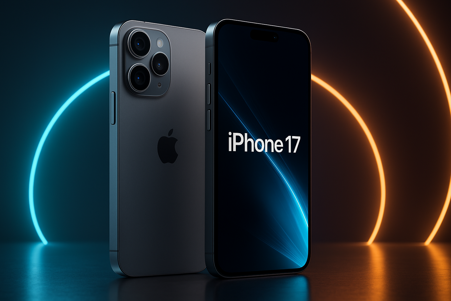 D render of iPhone 17 front and back with futuristic glowing background on a reflective surface