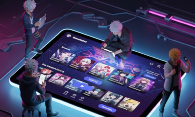 Futuristic Doodflix anime streaming interface with anime-inspired characters interacting around a glowing tablet, cyberpunk aesthetic