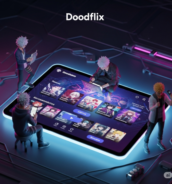 Futuristic Doodflix anime streaming interface with anime-inspired characters interacting around a glowing tablet, cyberpunk aesthetic