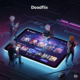 Futuristic Doodflix anime streaming interface with anime-inspired characters interacting around a glowing tablet, cyberpunk aesthetic