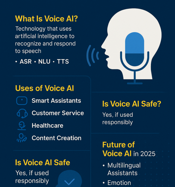 Infographic explaining what Voice AI is, including its uses in smart assistants, customer service, healthcare, and content creation, and its future in 2025.