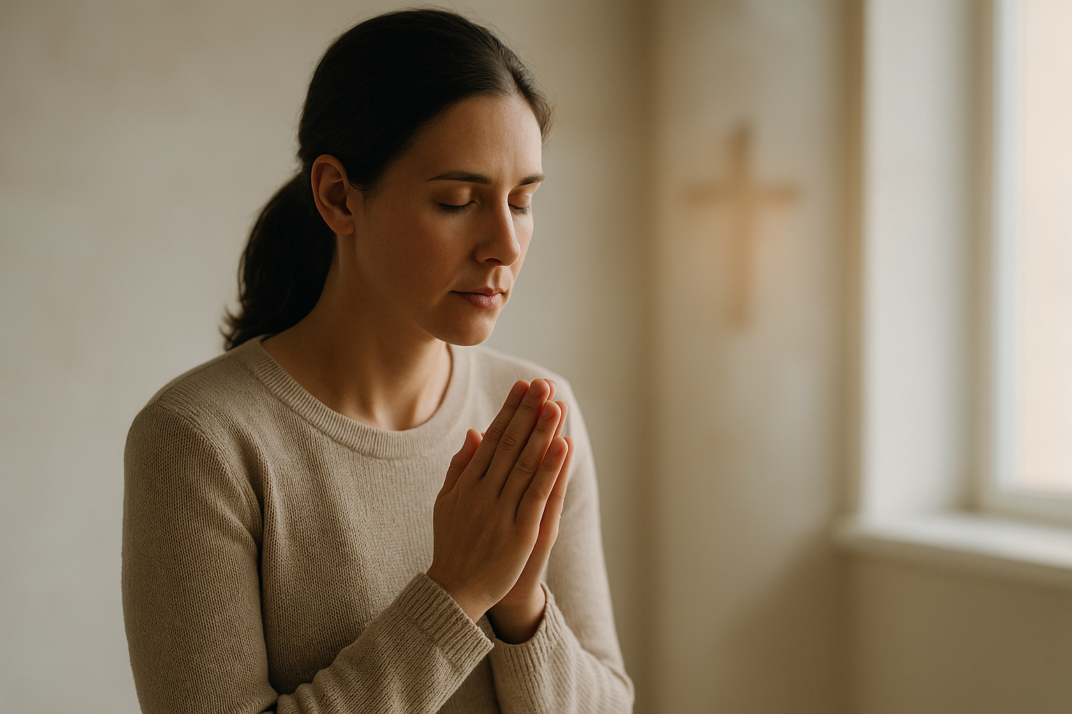 A woman quietly praying near a window with soft light and a blurred cross in the background