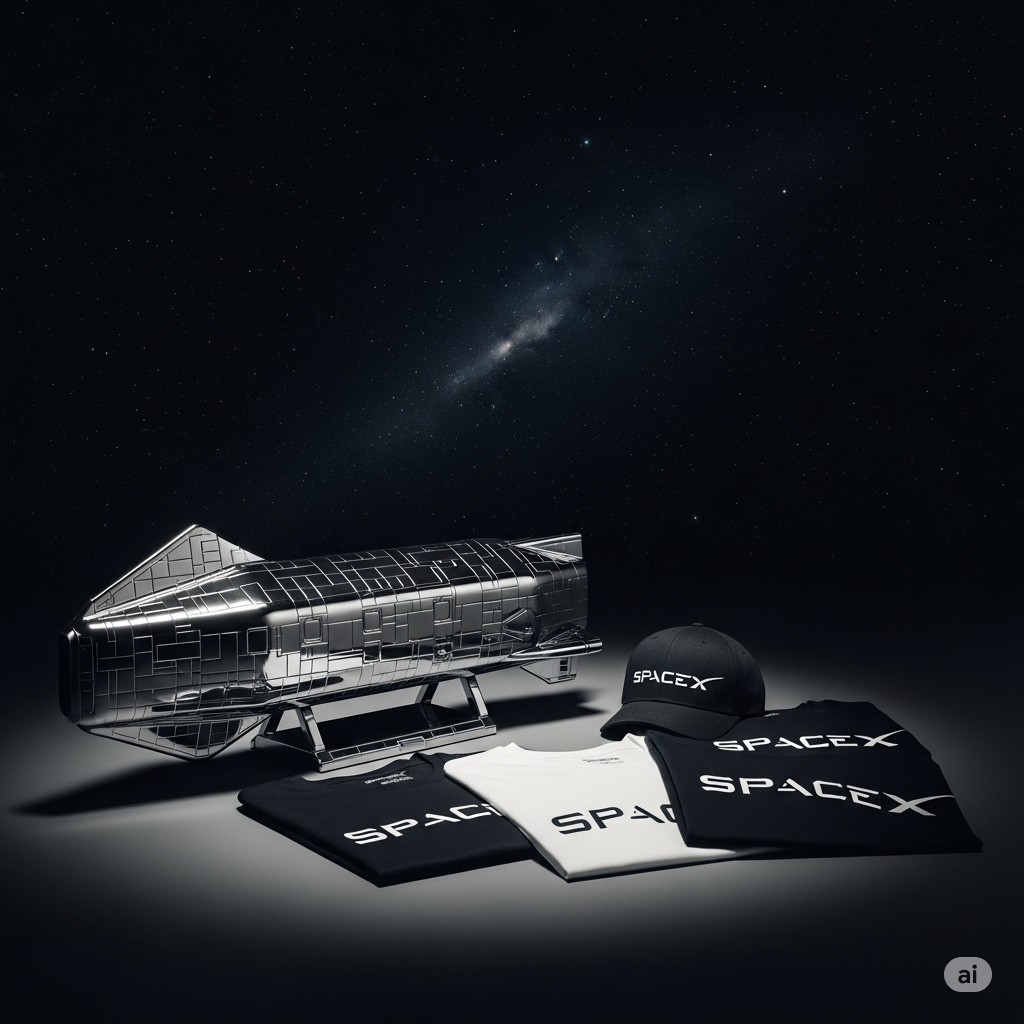 Official SpaceX merch including hoodie, cap, and rocket model from the SpaceX Shop 2025