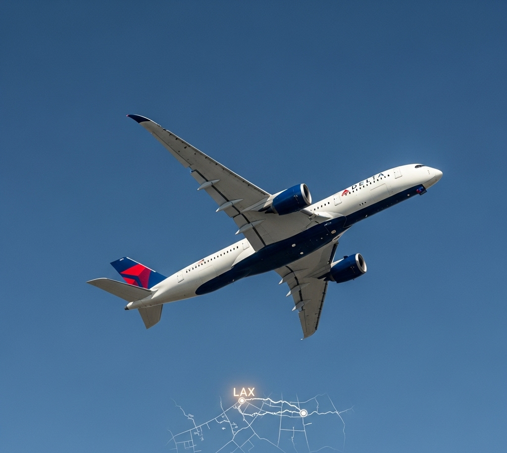 Delta Airlines Airbus A350 aircraft making a turn in a clear blue sky, with 'LAX' subtly glowing on a map in the background.