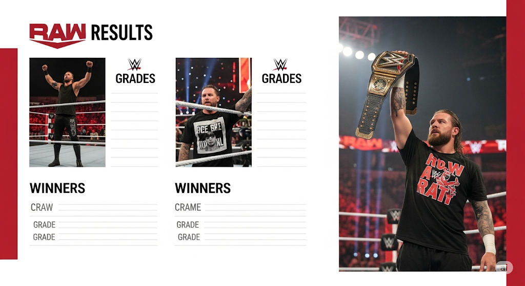 Graphic showing WWE Raw Results from July 7, 2025 with featured superstars like Seth Rollins, Rhea Ripley, and Cody Rhodes in action.
