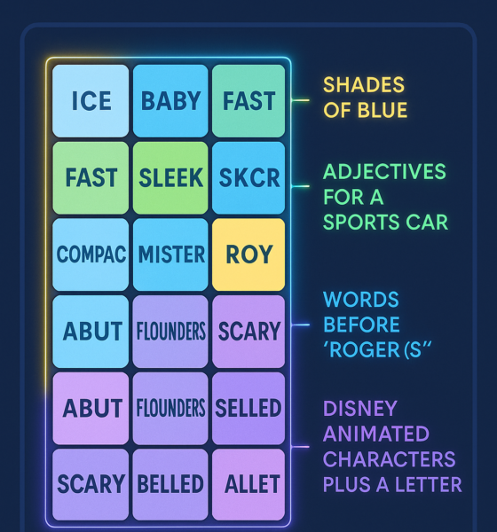 A 4x4 NYT-style word puzzle grid showing grouped words with labels like "Shades of Blue" and "Disney Animated Characters Plus a Letter