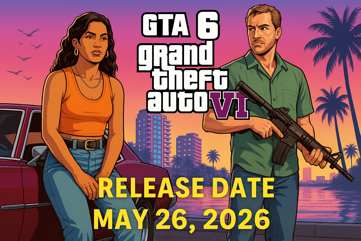 GTA 6 artwork showing Lucia with a car and Jason holding a rifle, with Vice City skyline in the background and release date May 26, 2026.