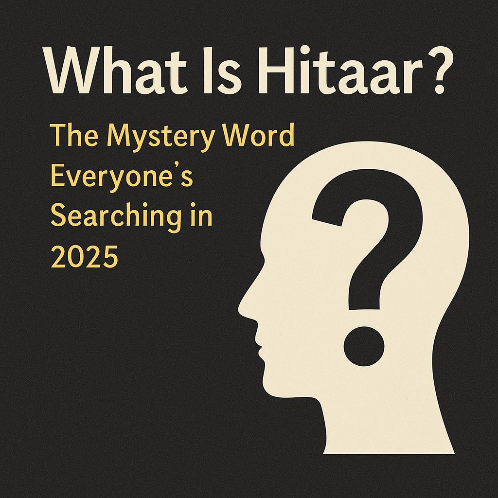 Digital graphic featuring the bold text ‘What Is Hitaar?’ with a subtitle ‘The Mystery Word Everyone’s Searching in 2025’ on a dark background. A large cream-colored silhouette of a head contains a question mark, symbolizing mystery and curiosity.