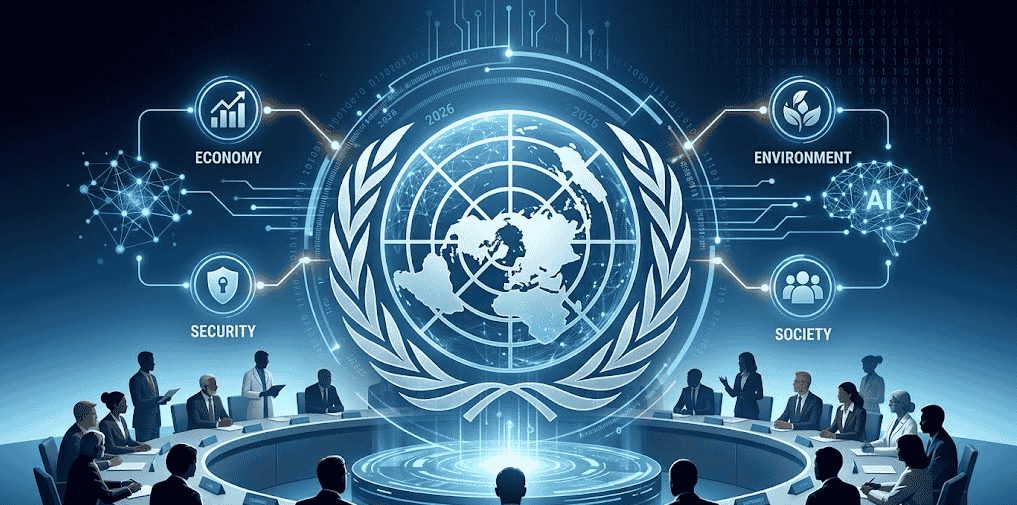 A sophisticated, editorial-style digital artwork depicting the United Nations launching its first global AI governance panel in 2026. Central composition