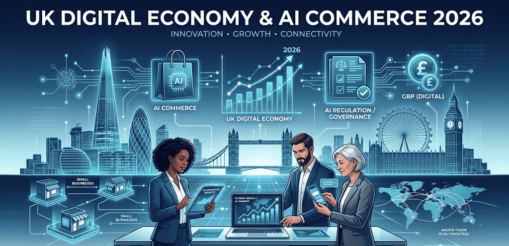 A sophisticated, clean editorial illustration of UK digital economy and AI commerce in 2026. Central composition: modern London skyline