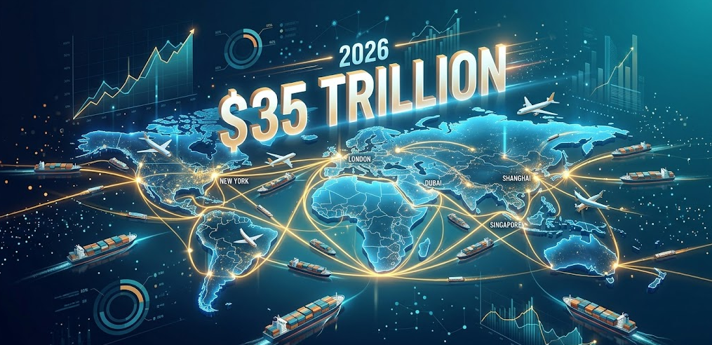 A stunning, modern digital artwork depicting global trade reaching $35 trillion in 2026. Central focus