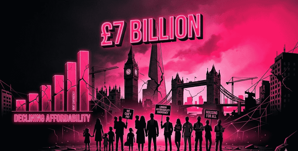 A striking, editorial-style digital artwork depicting the UK housing crisis and London's affordability emergency in 2026. Dramatic composition: silhouette of London skyline (Big Ben, The Shard, Tower Bridge) against a moody gradient background transitioning from deep matte black to vibrant hot pink.