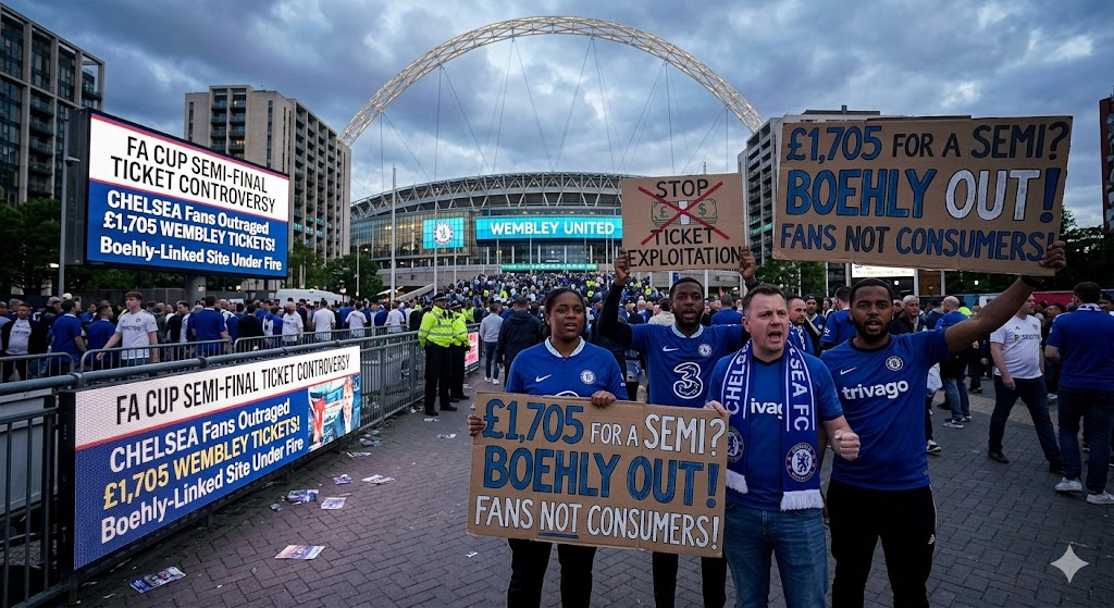 FA Cup Semi Final Chelsea vs Leeds ticket controversy with Todd Boehly and Vivid Seats at Wembley Stadium protest.