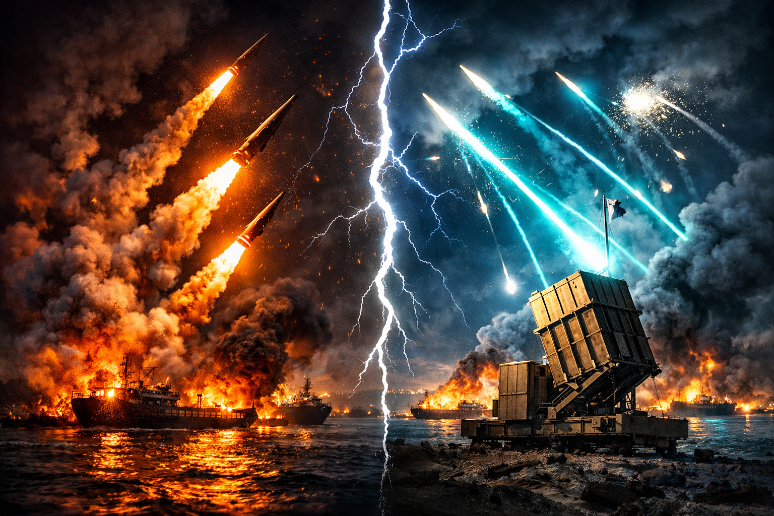 A dramatic cinematic featured image for news article about Iran-Israel war 2026, split composition showing two opposing forces, left side Iranian military missiles launching with fiery orange-red trails against dark night sky, right side Israeli Iron Dome defense system intercepting with bright blue-green laser-like streaks, center divided by lightning bolt crack, background burning oil tankers in Strait of Hormuz with thick black smoke, color palette