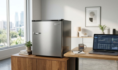 A sleek modern mini refrigerator in a professional office environment, stainless steel finish, placed on a wooden cabinet next to a desk with laptop and coffee cup