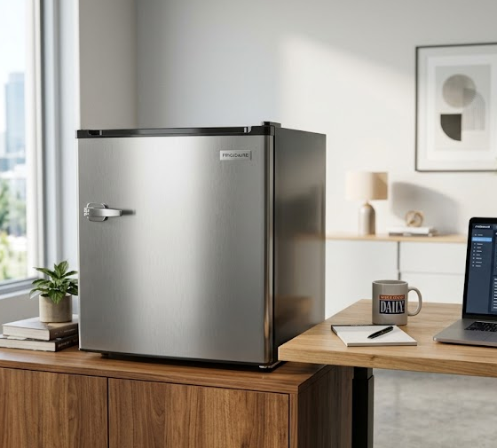 A sleek modern mini refrigerator in a professional office environment, stainless steel finish, placed on a wooden cabinet next to a desk with laptop and coffee cup