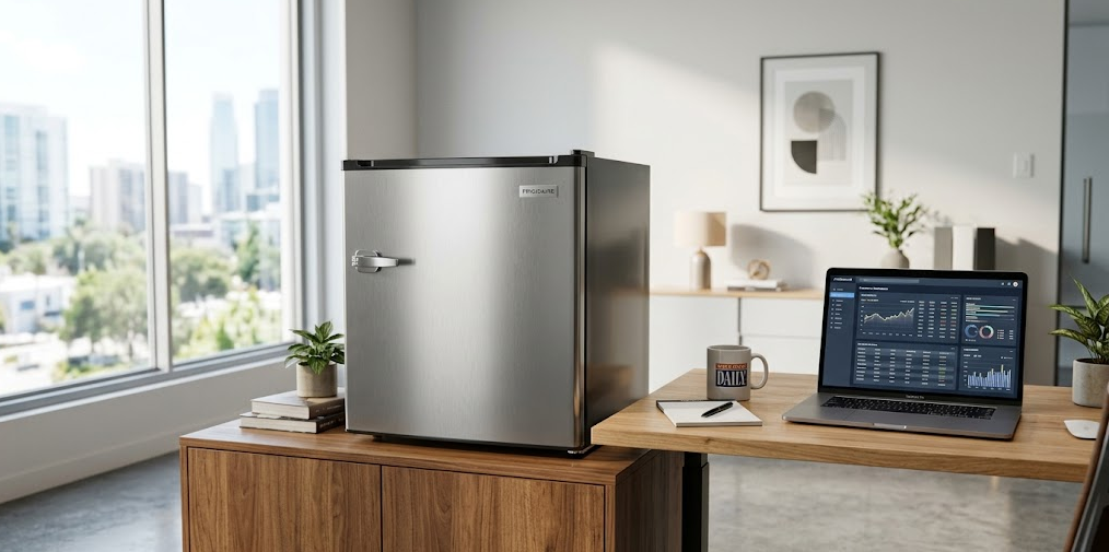 A sleek modern mini refrigerator in a professional office environment, stainless steel finish, placed on a wooden cabinet next to a desk with laptop and coffee cup